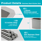 32x19in Undermount/Drop in Kitchen Sink 304 Stainless Steel Single Bowl | 16 Gauge Steel, R10 Rounded Corners, 10 Inch Deep Basin, Rust & Dent Resistant, Flat Rim Design
