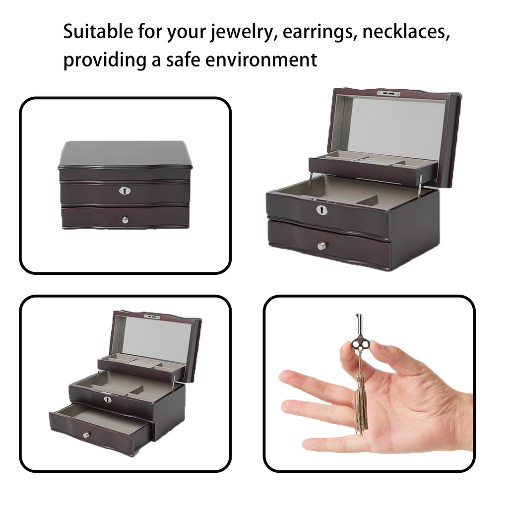 11.7 In. Brown Wooden Jewelry Box With Mirror, Lockable Multi-layer Jewelry Organizer With Velvet Lining And Drawer Storage