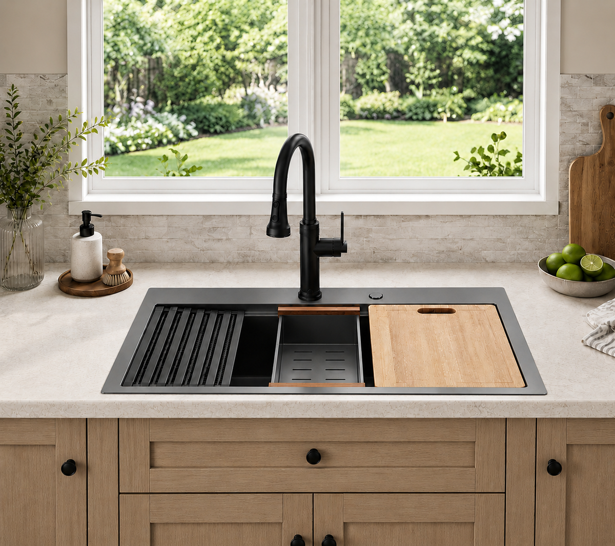 30x22 in Stainless Steel Drop-in Kitchen Sink w/Accessories, Grey | Workstation Sink, R10 Round, Cutting Board, Single Bowl, 10'' Deep Kitchen Sink