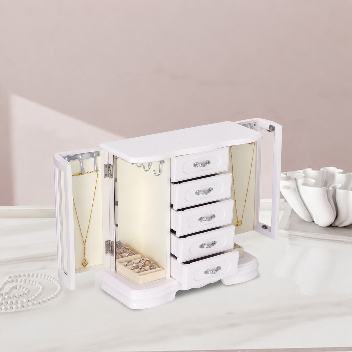 Jewelry Boxes For Women,5 Layer Large Wood Jewelry Boxes And Buit-in Hooks And Attached Mirror, Vintage Jewelry Box For Necklaces, Earrings And Rings