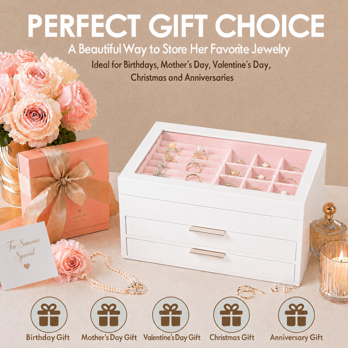 Wooden Jewelry Box With Glass Lid, 2 Drawers, Ring Slots & Multi-compartment Organizer For Jewelry, Watches And Accessories