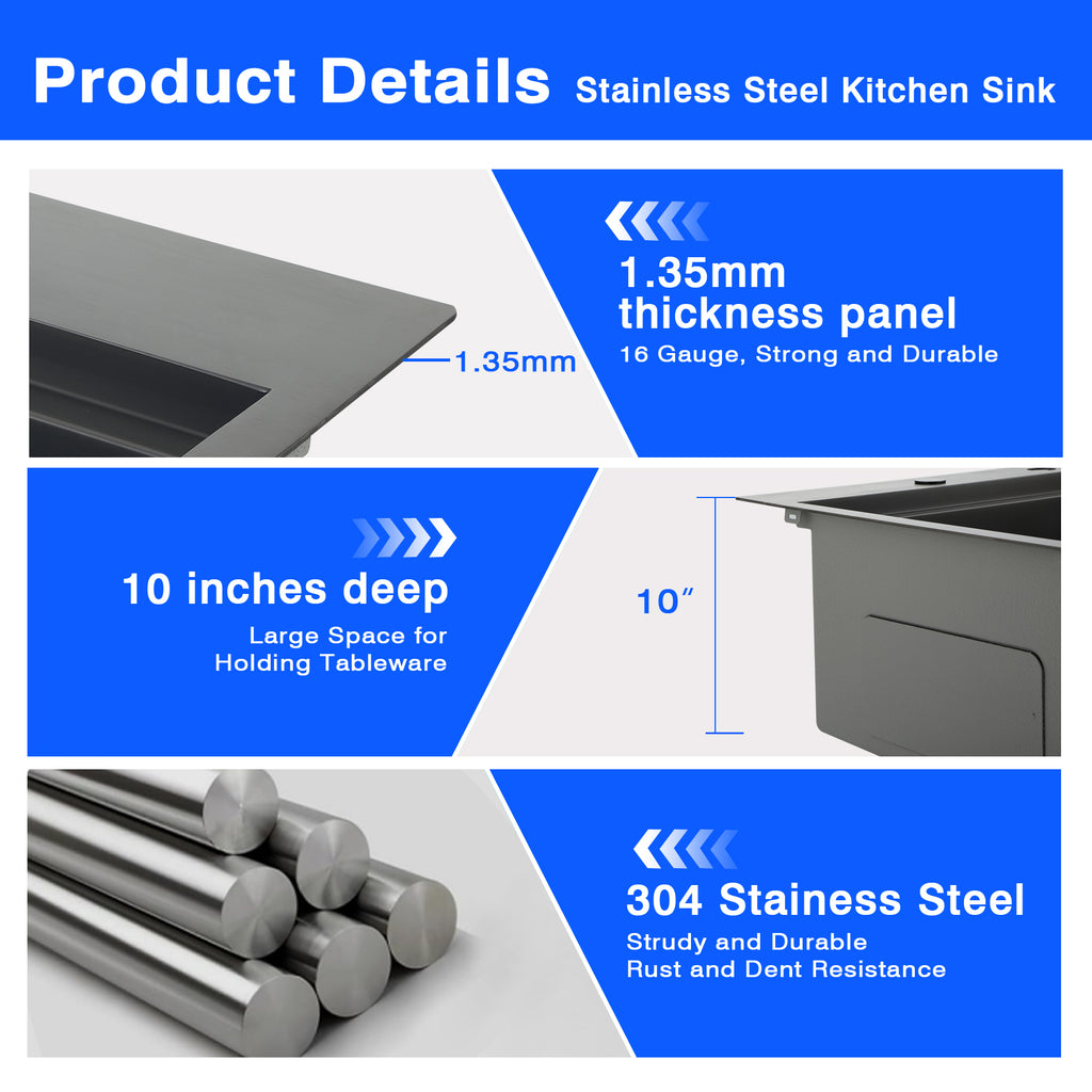 33 Inch Black Drop In Workstation Sink with Sliding Accessories | 33x22 Inch Top Mount Sink Stainless Steel 16 Gauge 10" Deep Single Bowl with Cutting Board& Strainer