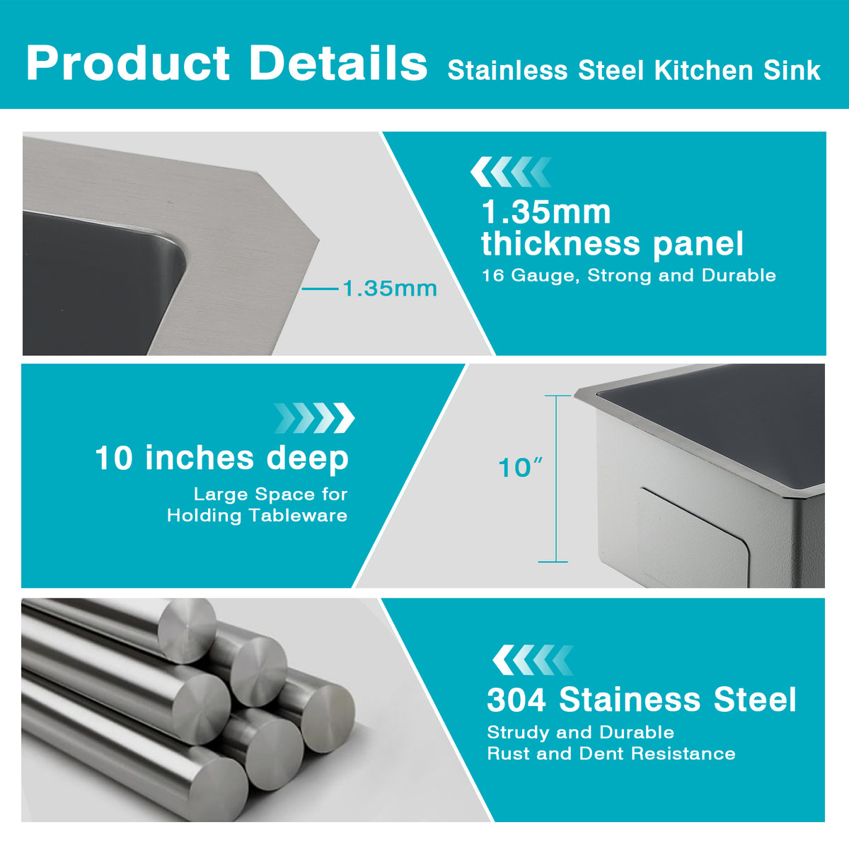 32" Stainless Steel Kitchen Sink, 10" Deep Single Undermount Sink - Grey | T304 Steel, True 16-Gauge, 10-Inch Deep Basin, Easy-Clean R10 Corners, Reinforced 3mm Rim, Dual-Mount Installation