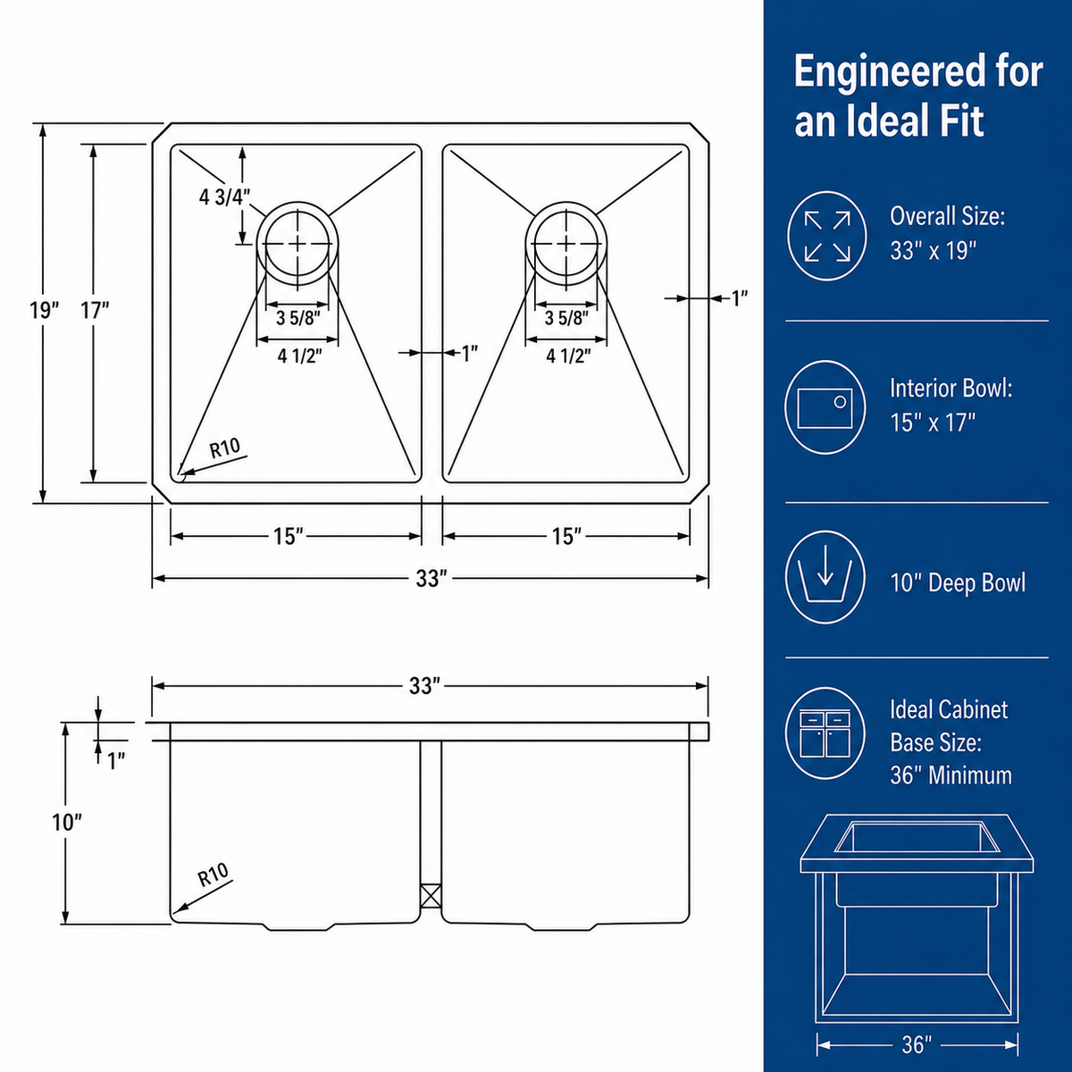 33" Stainless Steel Double Bowl Kitchen Sink - Undermount/Drop In Sink | R10 Corner Radius, 10" Deep Bowl, X-shaped Drainage, Noise-reducing, moisture-resistant, scratch resistant