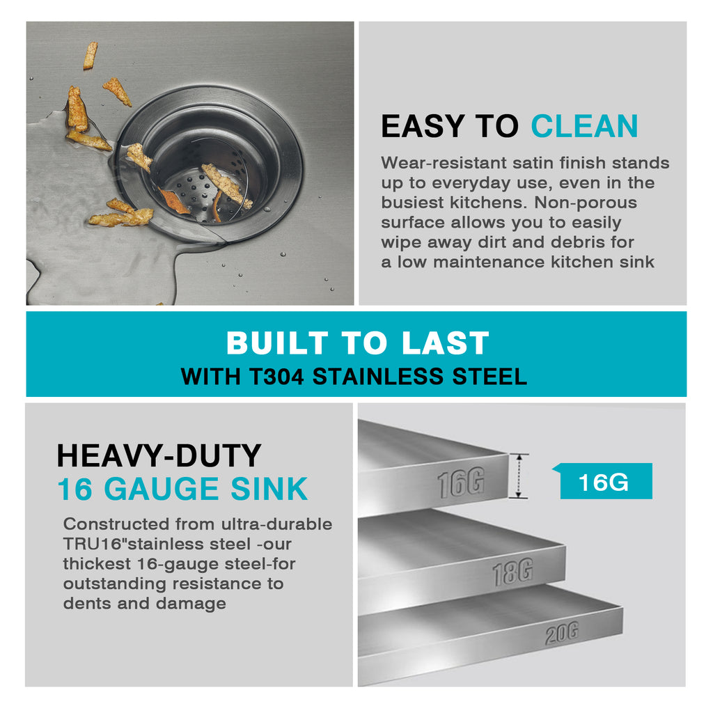 32" Stainless Steel Kitchen Sink, 10" Deep Single Undermount Sink - Grey | T304 Steel, True 16-Gauge, 10-Inch Deep Basin, Easy-Clean R10 Corners, Reinforced 3mm Rim, Dual-Mount Installation