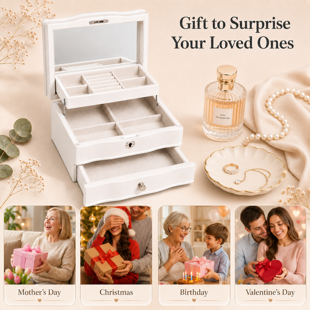 11.7 In. White Wooden Jewelry Box With Mirror, Lockable Multi-layer Jewelry Organizer With Velvet Lining And Drawer Storage