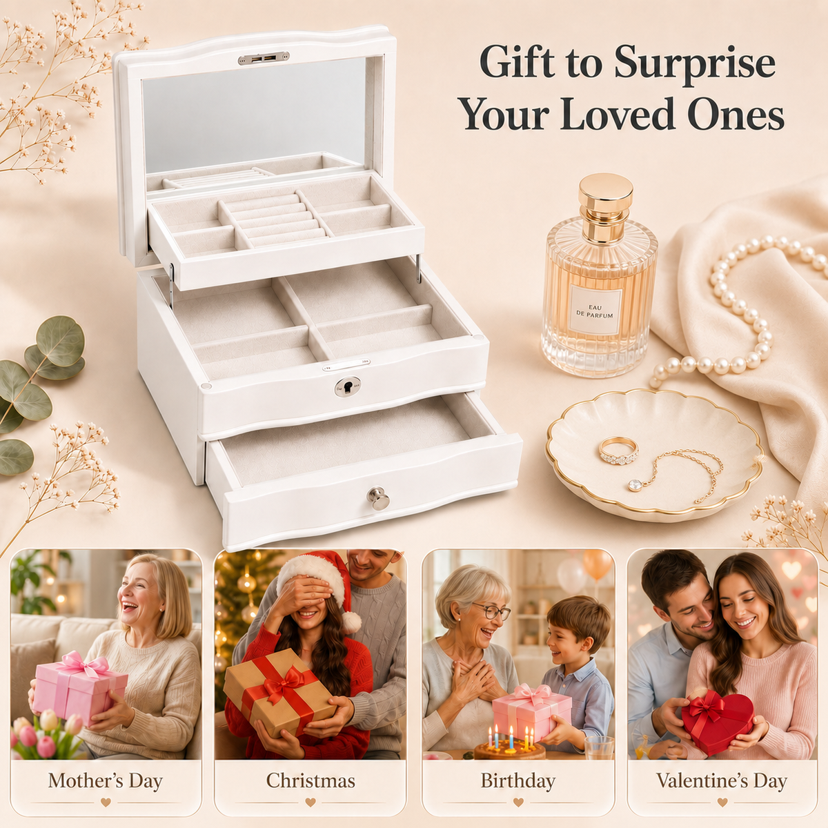 11.7 In. White Wooden Jewelry Box With Mirror, Lockable Multi-layer Jewelry Organizer With Velvet Lining And Drawer Storage