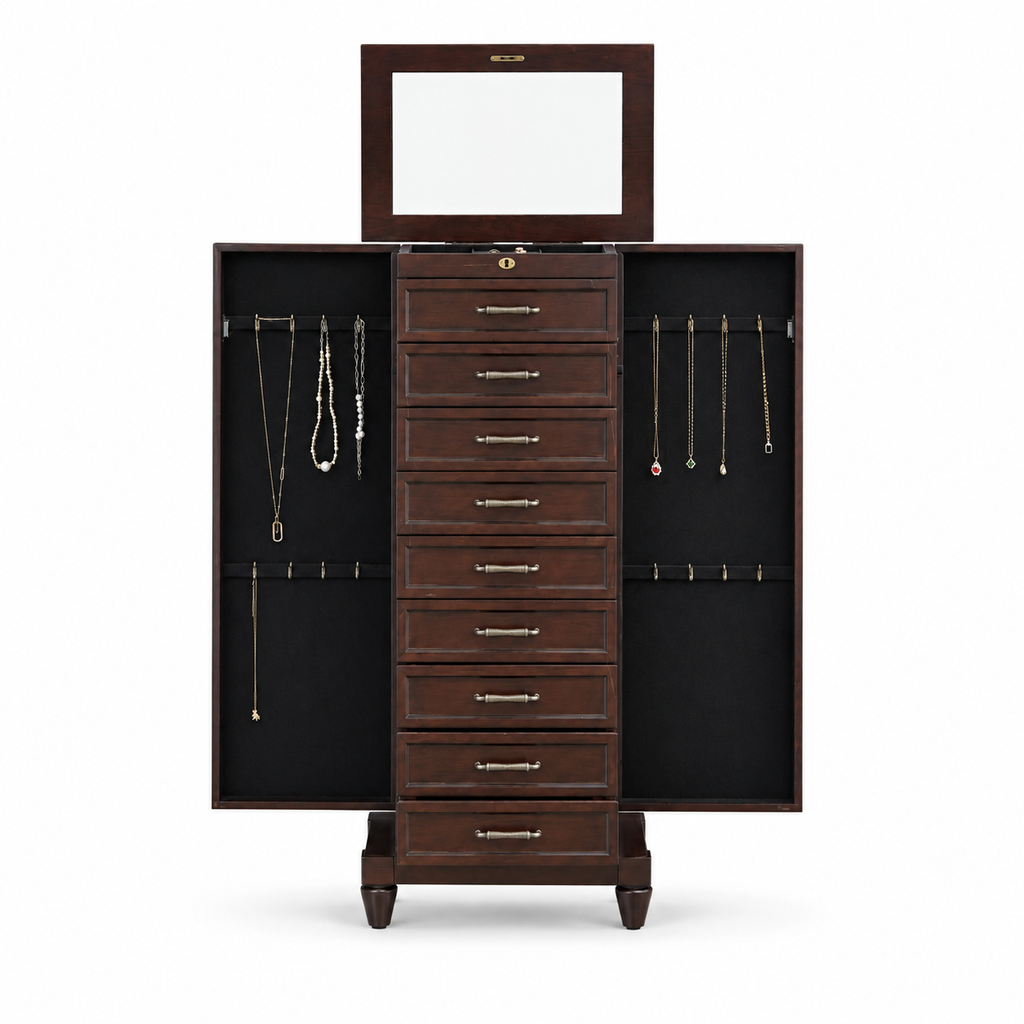 Vintage Brown Freestanding Jewelry Armoire with Mirror, 9 Drawers and Side Cabinets, Wooden Jewelry Organizer with Necklace Hooks