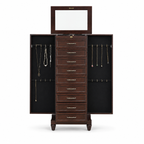 Vintage Brown Freestanding Jewelry Armoire with Mirror, 9 Drawers and Side Cabinets, Wooden Jewelry Organizer with Necklace Hooks