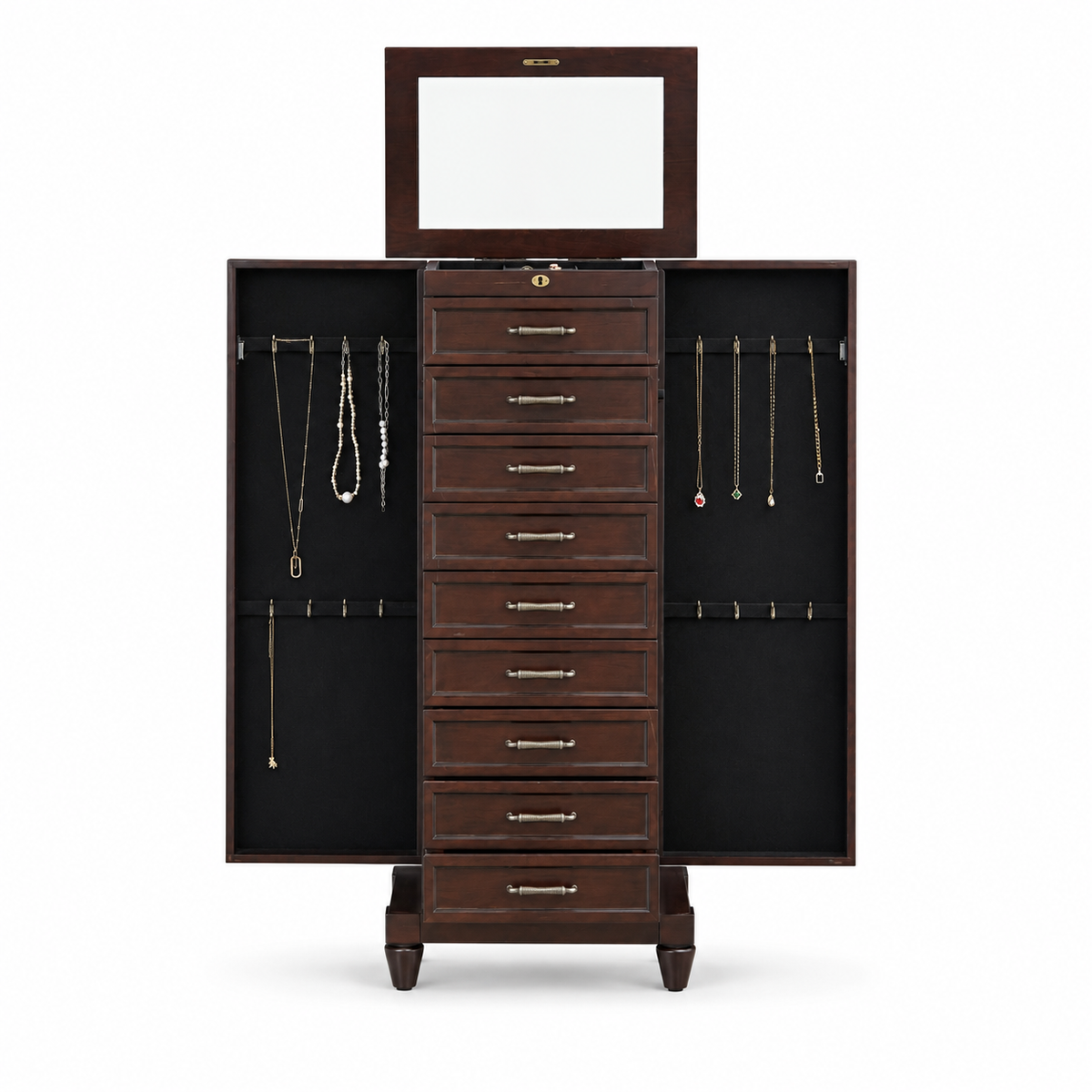 Vintage Brown Freestanding Jewelry Armoire with Mirror, 9 Drawers and Side Cabinets, Wooden Jewelry Organizer with Necklace Hooks