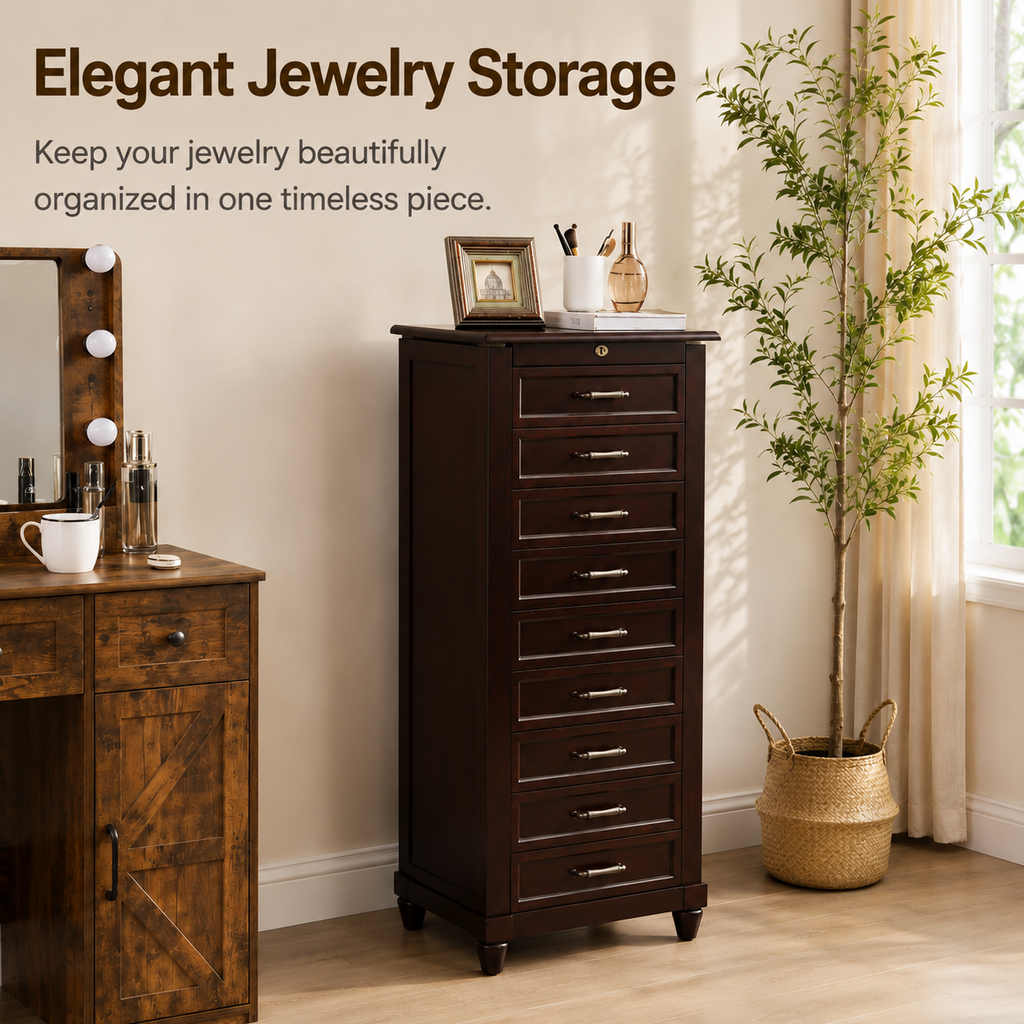 Vintage Brown Freestanding Jewelry Armoire with Mirror, 9 Drawers and Side Cabinets, Wooden Jewelry Organizer with Necklace Hooks