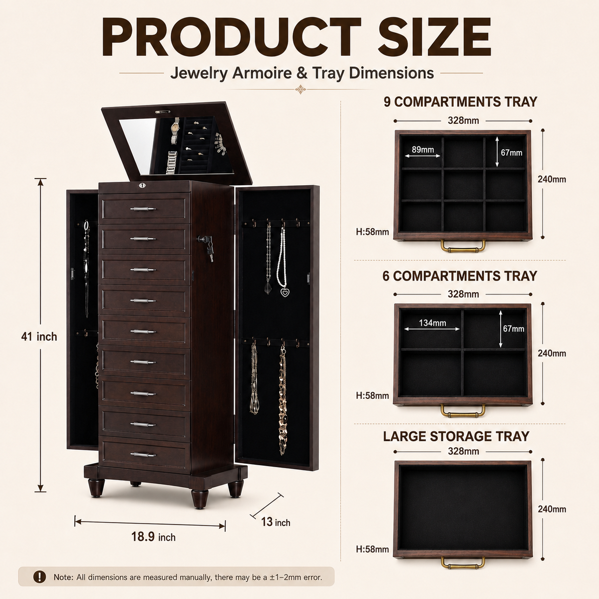 Vintage Brown Freestanding Jewelry Armoire with Mirror, 9 Drawers and Side Cabinets, Wooden Jewelry Organizer with Necklace Hooks