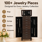 Vintage Brown Freestanding Jewelry Armoire with Mirror, 9 Drawers and Side Cabinets, Wooden Jewelry Organizer with Necklace Hooks