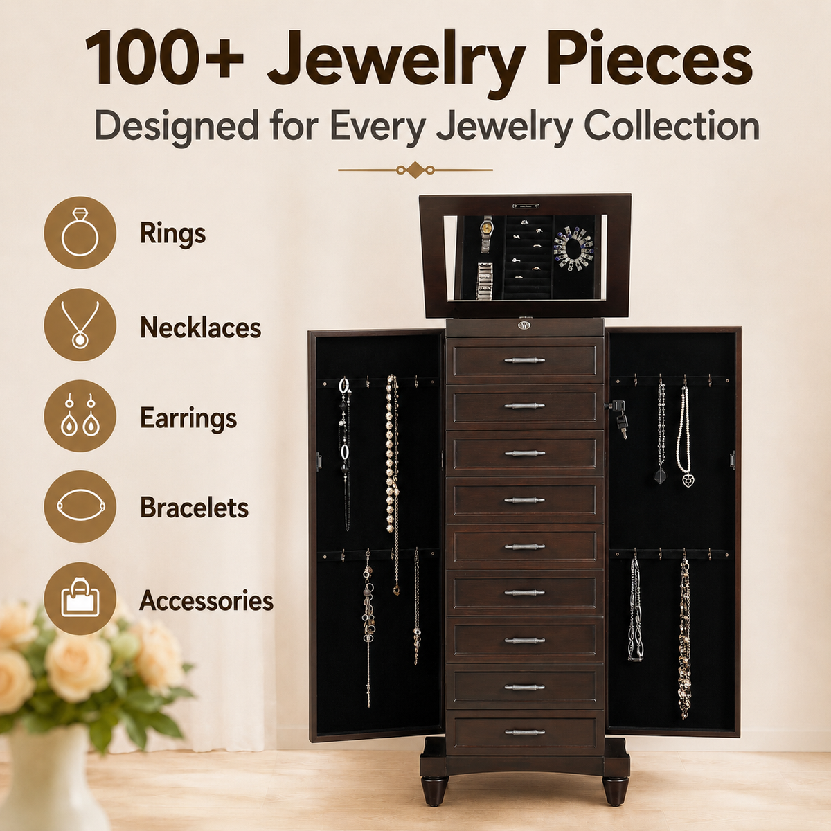 Vintage Brown Freestanding Jewelry Armoire with Mirror, 9 Drawers and Side Cabinets, Wooden Jewelry Organizer with Necklace Hooks