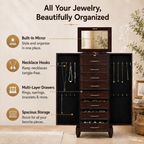 Vintage Brown Freestanding Jewelry Armoire with Mirror, 9 Drawers and Side Cabinets, Wooden Jewelry Organizer with Necklace Hooks