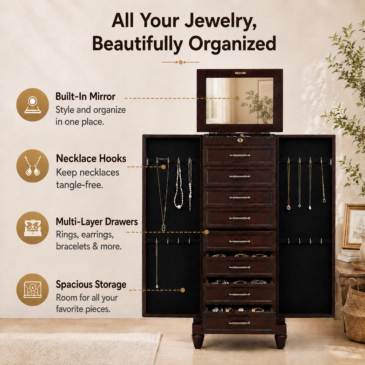 Vintage Brown Freestanding Jewelry Armoire with Mirror, 9 Drawers and Side Cabinets, Wooden Jewelry Organizer with Necklace Hooks