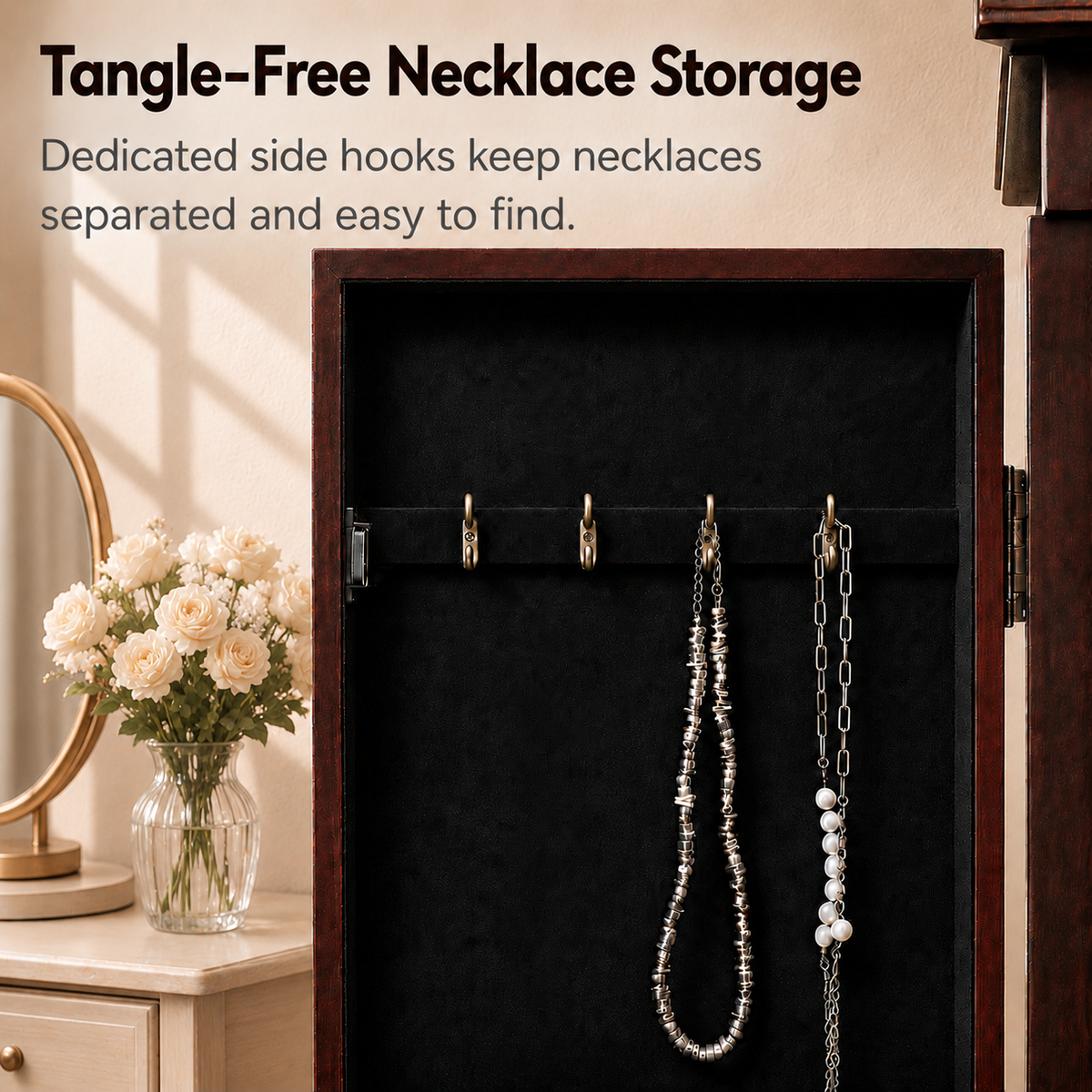 Vintage Brown Freestanding Jewelry Armoire with Mirror, 9 Drawers and Side Cabinets, Wooden Jewelry Organizer with Necklace Hooks