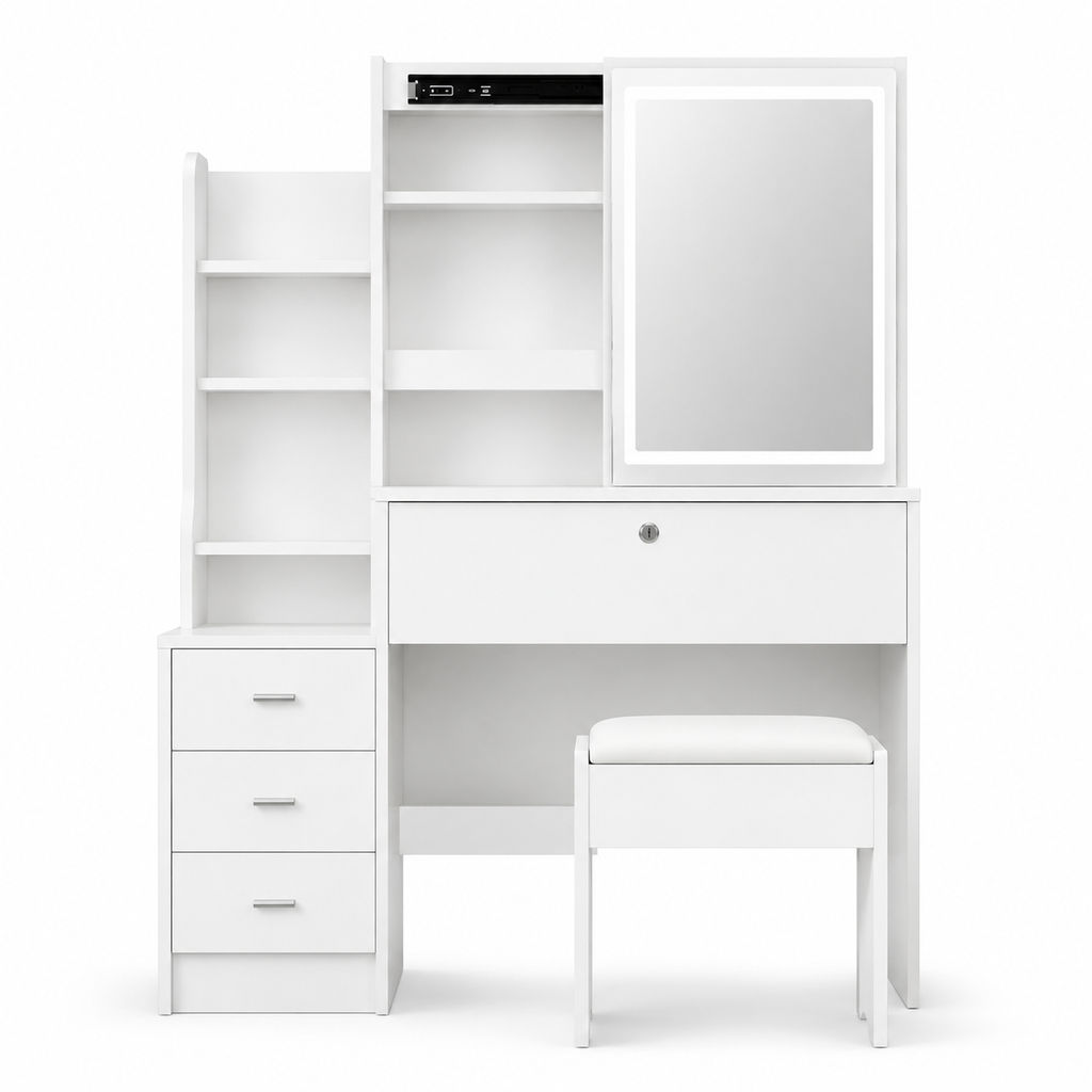 White Makeup Vanity With Mirror And Storage Shelves, 3-drawer Desk With Stool, Modern Dressing Table For Bedroom And Living Room