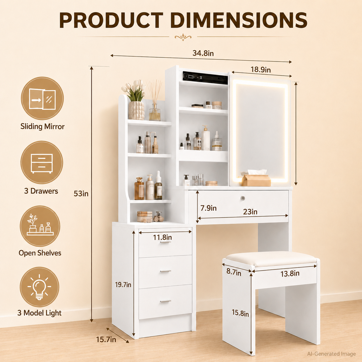 White Makeup Vanity With Mirror And Storage Shelves, 3-drawer Desk With Stool, Modern Dressing Table For Bedroom And Living Room