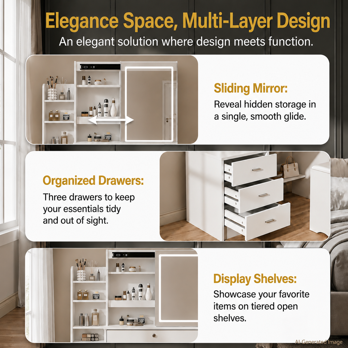 White Makeup Vanity With Mirror And Storage Shelves, 3-drawer Desk With Stool, Modern Dressing Table For Bedroom And Living Room