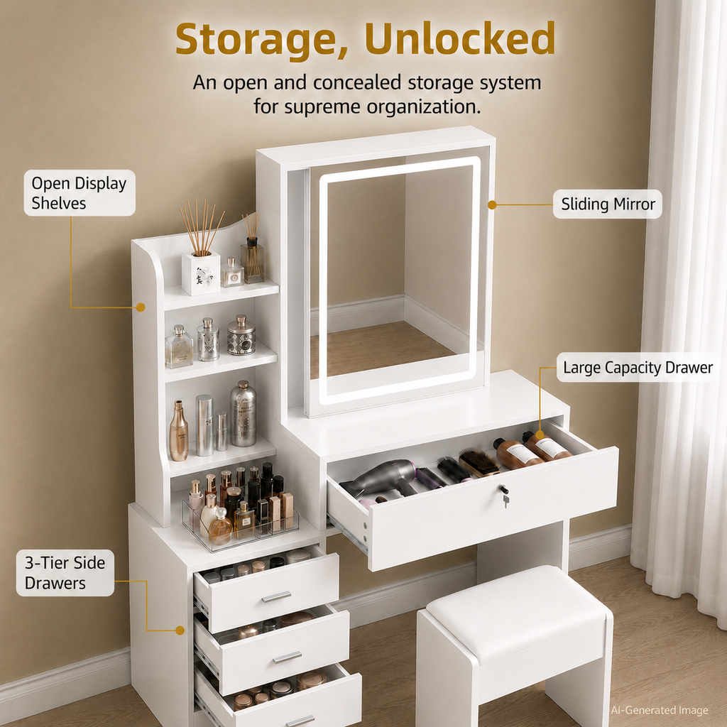 White Makeup Vanity With Mirror And Storage Shelves, 3-drawer Desk With Stool, Modern Dressing Table For Bedroom And Living Room