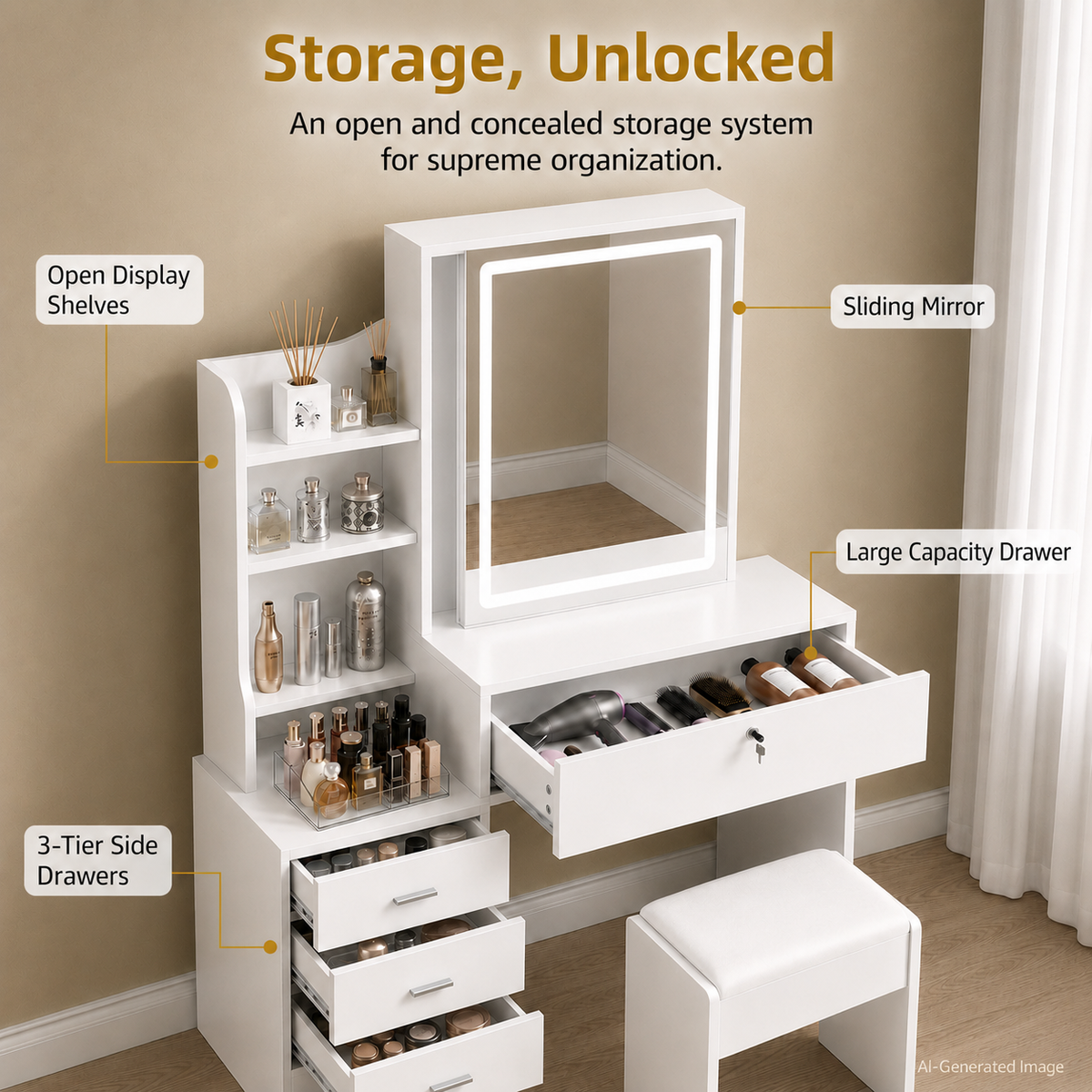 White Makeup Vanity With Mirror And Storage Shelves, 3-drawer Desk With Stool, Modern Dressing Table For Bedroom And Living Room