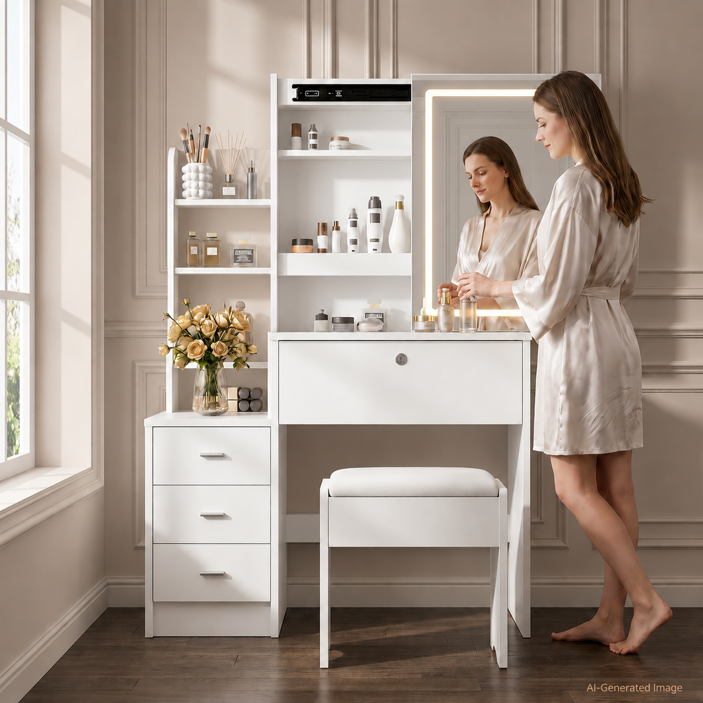 White Makeup Vanity With Mirror And Storage Shelves, 3-drawer Desk With Stool, Modern Dressing Table For Bedroom And Living Room