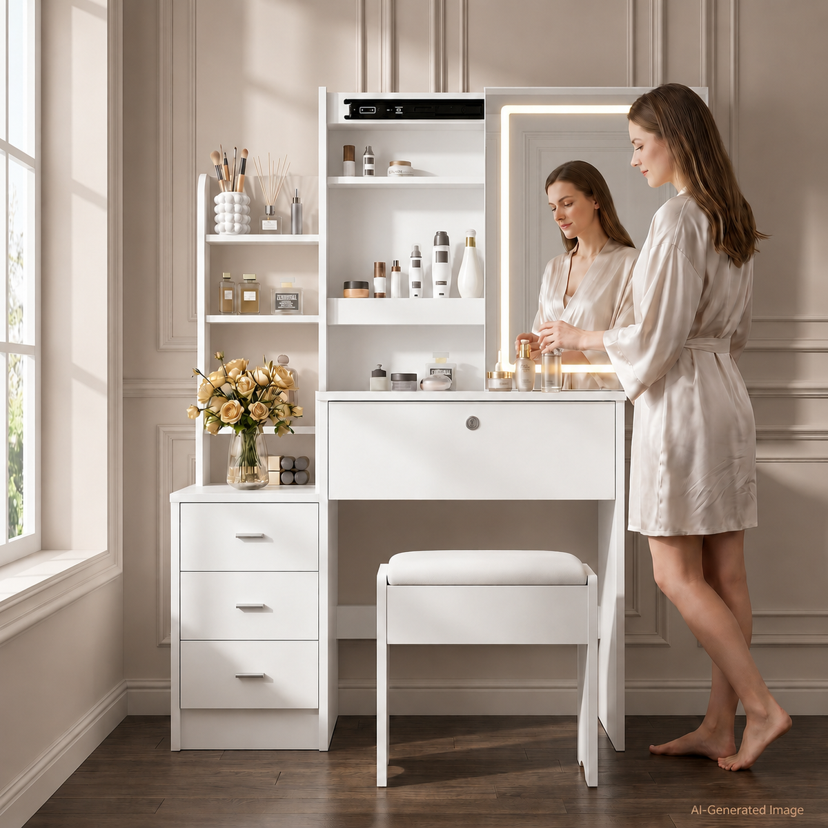 White Makeup Vanity With Mirror And Storage Shelves, 3-drawer Desk With Stool, Modern Dressing Table For Bedroom And Living Room
