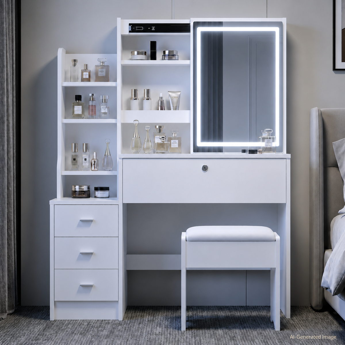 White Makeup Vanity With Mirror And Storage Shelves, 3-drawer Desk With Stool, Modern Dressing Table For Bedroom And Living Room