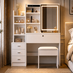 White Makeup Vanity With Mirror And Storage Shelves, 3-drawer Desk With Stool, Modern Dressing Table For Bedroom And Living Room