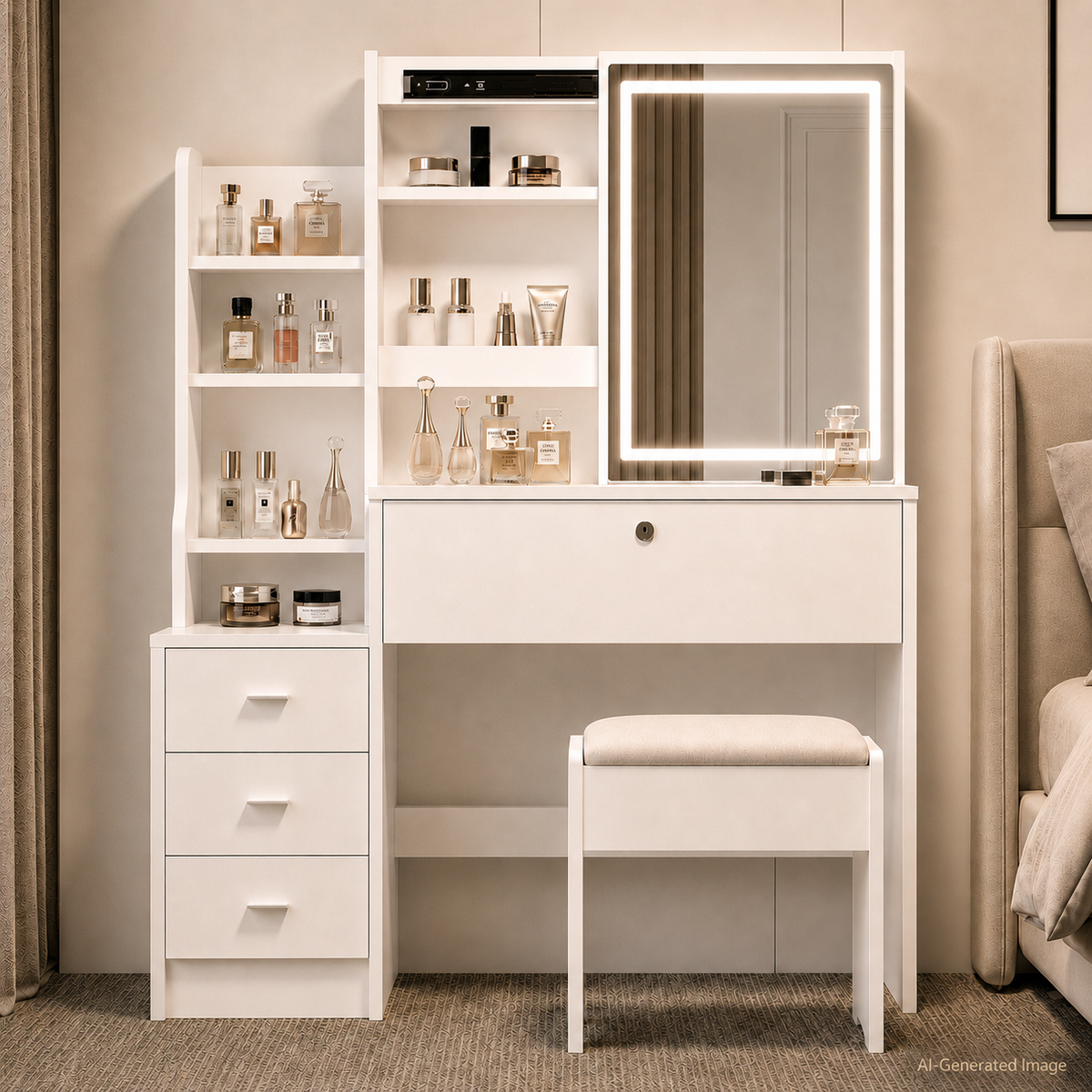 White Makeup Vanity With Mirror And Storage Shelves, 3-drawer Desk With Stool, Modern Dressing Table For Bedroom And Living Room