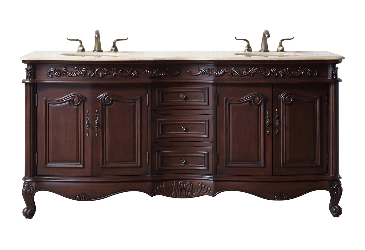 72'' Traditional Double Bathroom Vanity with Top and Undermount Sinks, Dark Brown Freestanding Vanity with 3 Drawers and 4 Doors