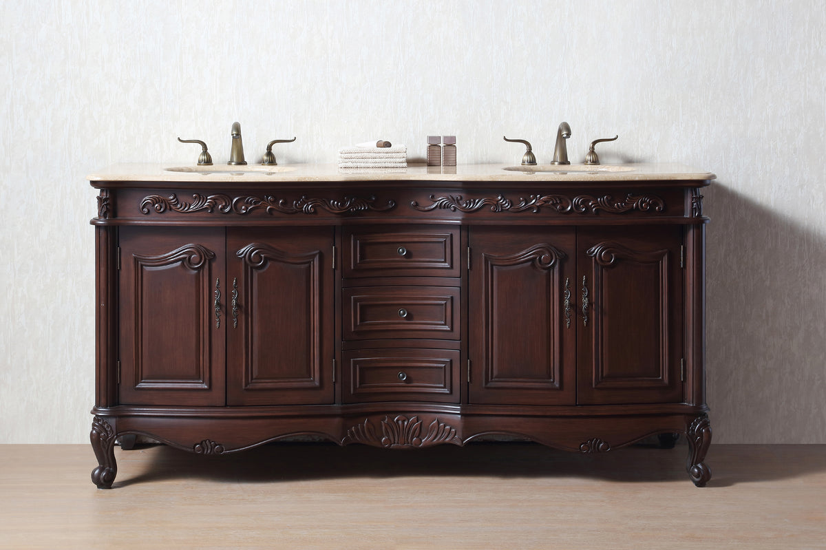 72'' Traditional Double Bathroom Vanity with Top and Undermount Sinks, Dark Brown Freestanding Vanity with 3 Drawers and 4 Doors
