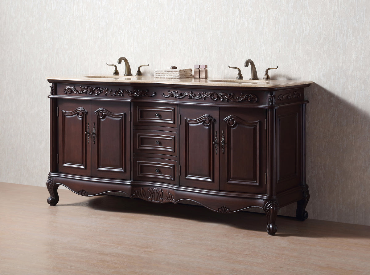 72'' Traditional Double Bathroom Vanity with Top and Undermount Sinks, Dark Brown Freestanding Vanity with 3 Drawers and 4 Doors