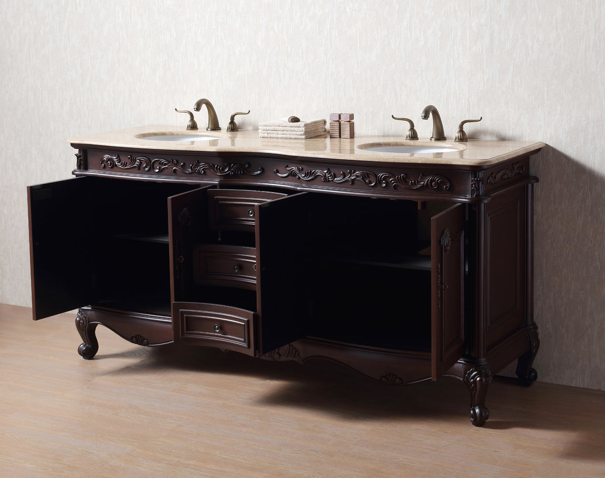 72'' Traditional Double Bathroom Vanity with Top and Undermount Sinks, Dark Brown Freestanding Vanity with 3 Drawers and 4 Doors