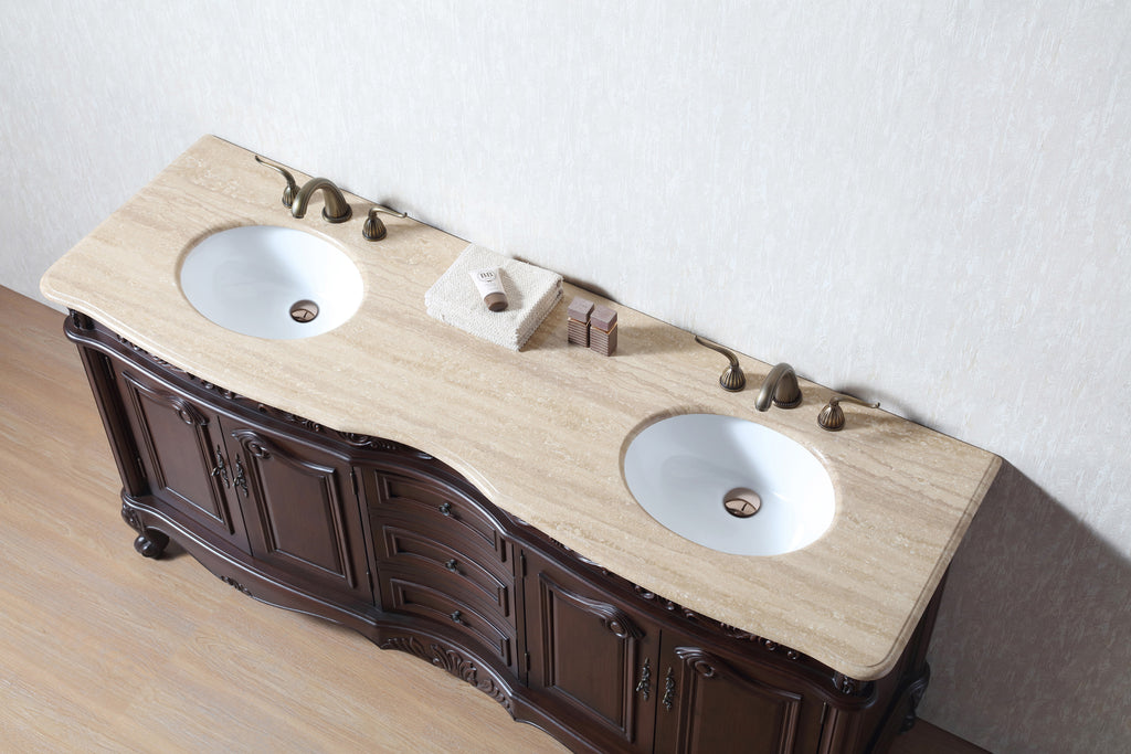 72'' Traditional Double Bathroom Vanity with Top and Undermount Sinks, Dark Brown Freestanding Vanity with 3 Drawers and 4 Doors