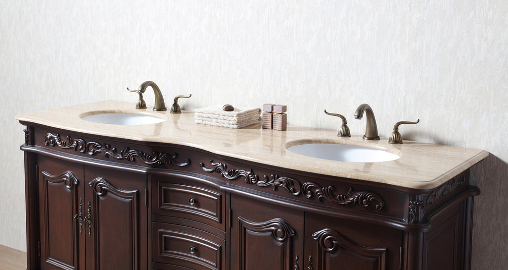 72'' Traditional Double Bathroom Vanity with Top and Undermount Sinks, Dark Brown Freestanding Vanity with 3 Drawers and 4 Doors