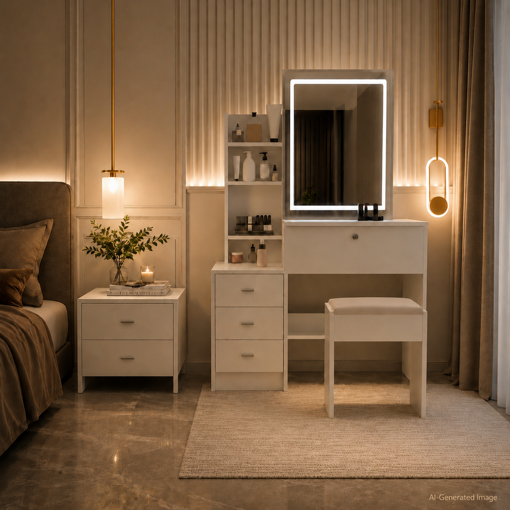 White Makeup Vanity With Mirror And Storage Shelves, 3-drawer Desk With Stool, Modern Dressing Table For Bedroom And Living Room