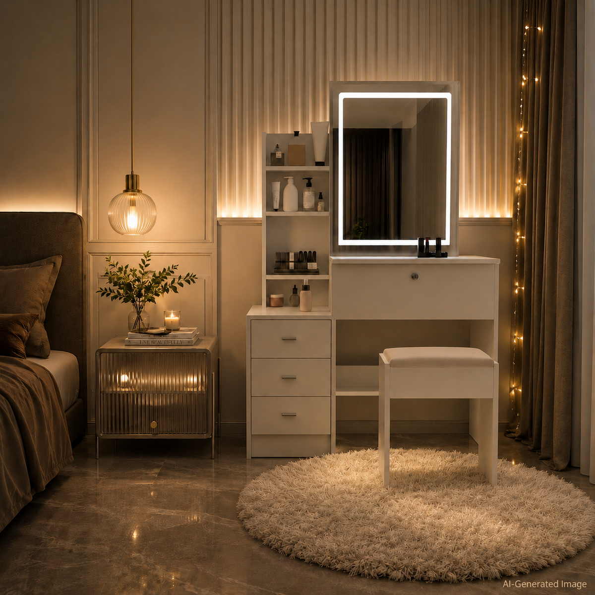 White Makeup Vanity With Mirror And Storage Shelves, 3-drawer Desk With Stool, Modern Dressing Table For Bedroom And Living Room
