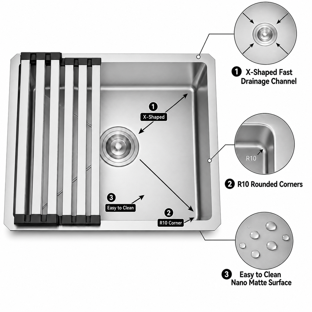 19x17 in Undermount/Drop In Stainless Steel Kitchen Sink - Silver | X-shaped Drainage, Quiet Soundproof, Anti-Condensation Coating, Easy to Clean Corners, Scratch & Stain Resistant