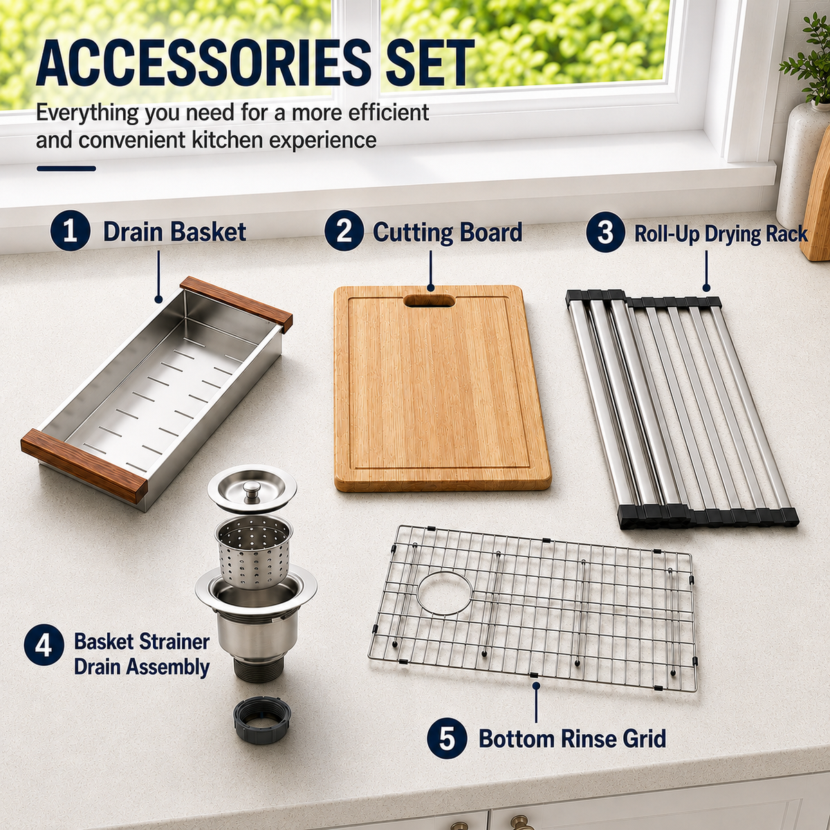Stainless Steel Kitchen Sink 32" x 19" with Accessories | 10" Deep Bowl, Includes Cutting Board, Roll-Up Drying Rack, Bottom Rinse Grid, Polished Finish, Undermount Sink, drop in sink