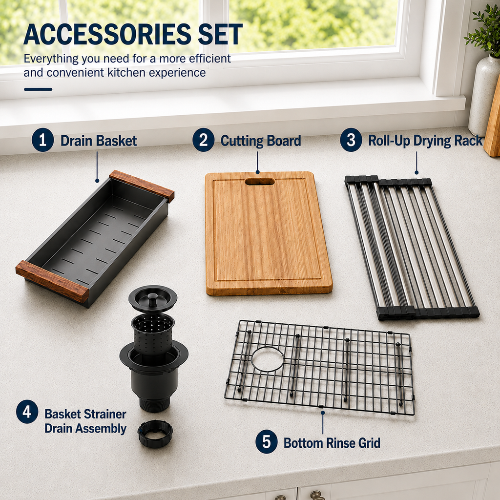 30x22 in Stainless Steel Drop-in Kitchen Sink w/Accessories, Grey | Workstation Sink, R10 Round, Cutting Board, Single Bowl, 10'' Deep Kitchen Sink