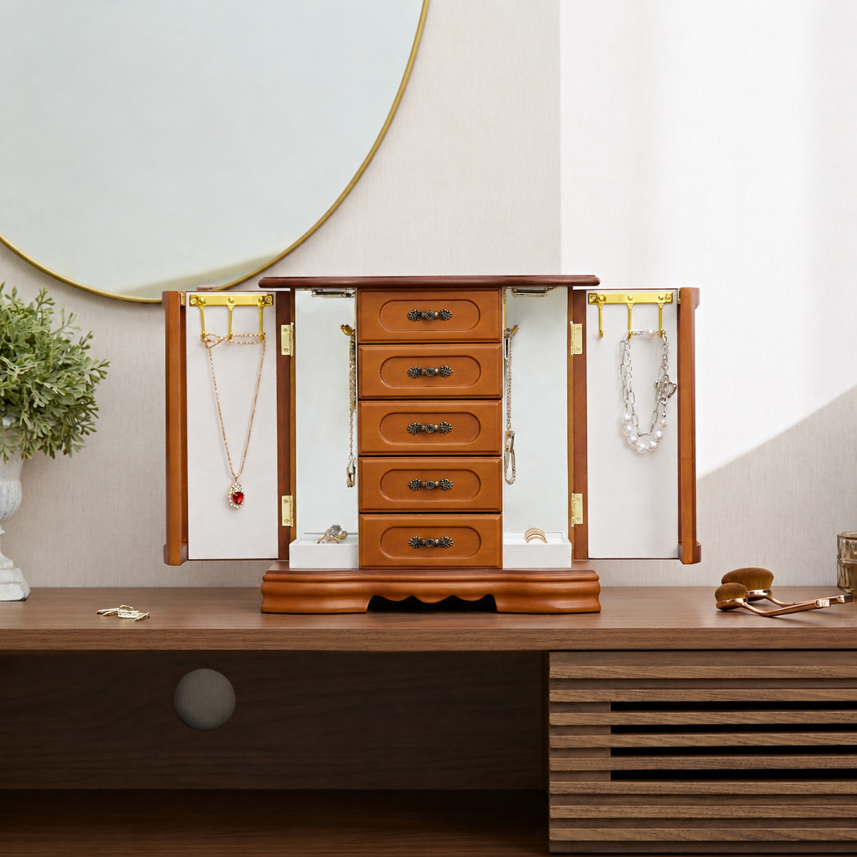 Brown vintage Jewelry Boxes for Women,5 Layer Drawer Wood Jewelry Boxes and buit-in Hooks and Attached Mirror, wood Jewelry Box for Necklaces, Earrings and Rings