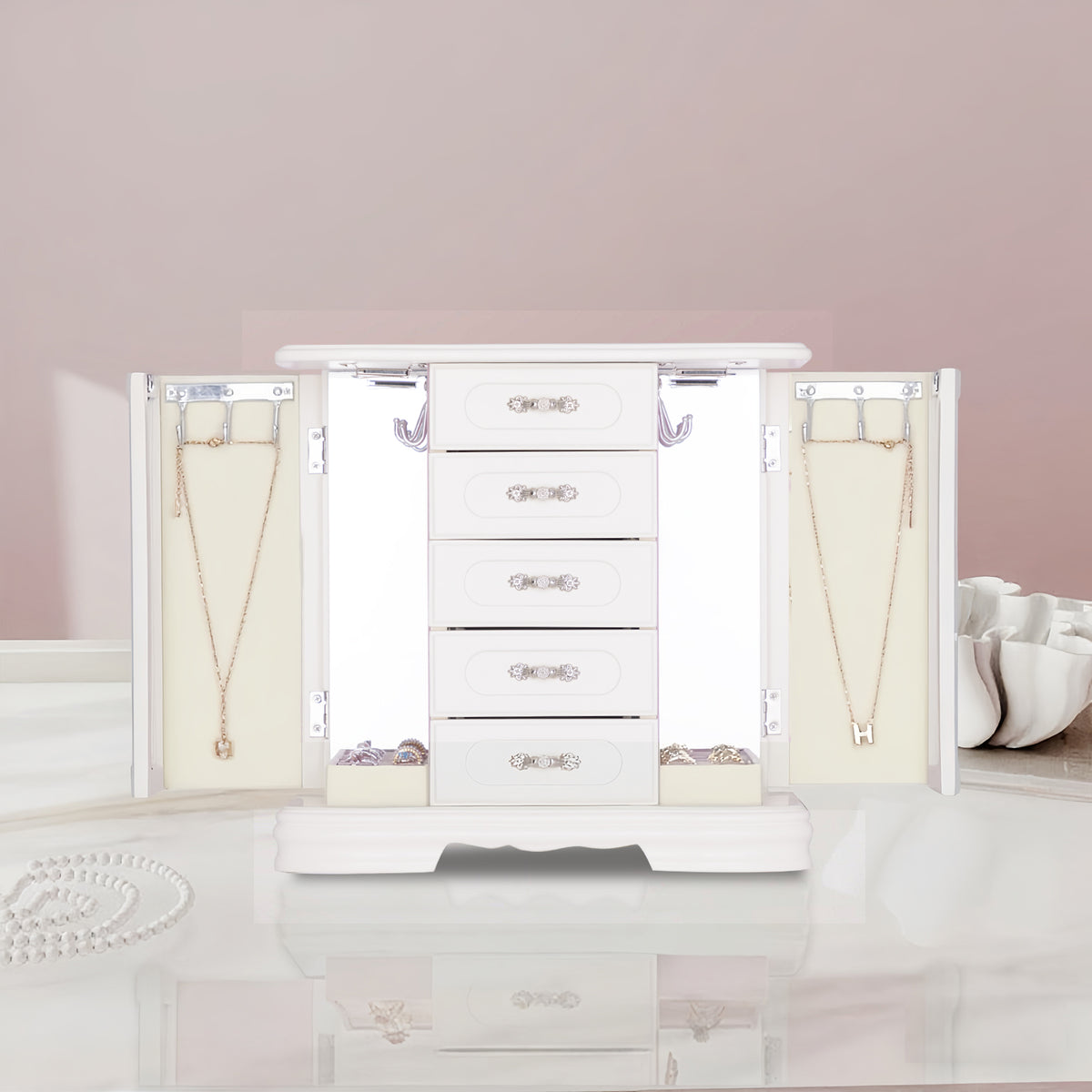 Jewelry Boxes For Women,5 Layer Large Wood Jewelry Boxes And Buit-in Hooks And Attached Mirror, Vintage Jewelry Box For Necklaces, Earrings And Rings