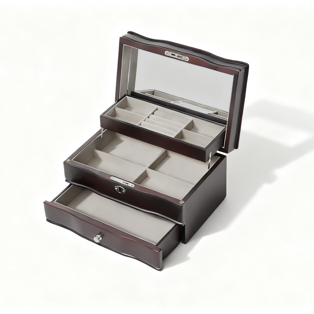 11.7 In. Brown Wooden Jewelry Box With Mirror, Lockable Multi-layer Jewelry Organizer With Velvet Lining And Drawer Storage