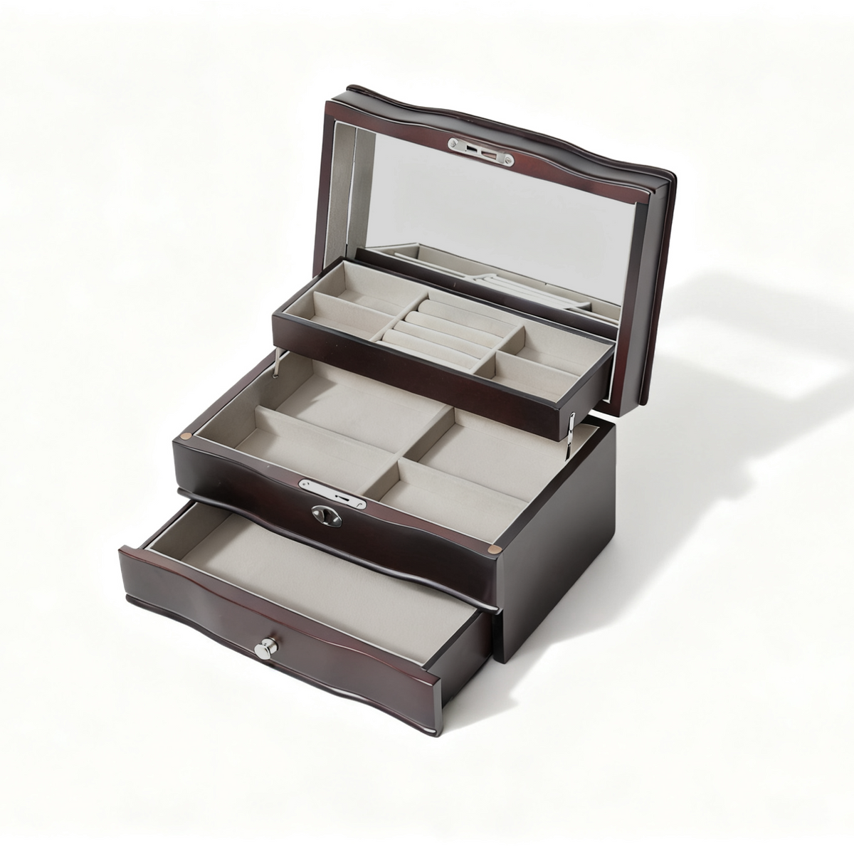 11.7 In. Brown Wooden Jewelry Box With Mirror, Lockable Multi-layer Jewelry Organizer With Velvet Lining And Drawer Storage