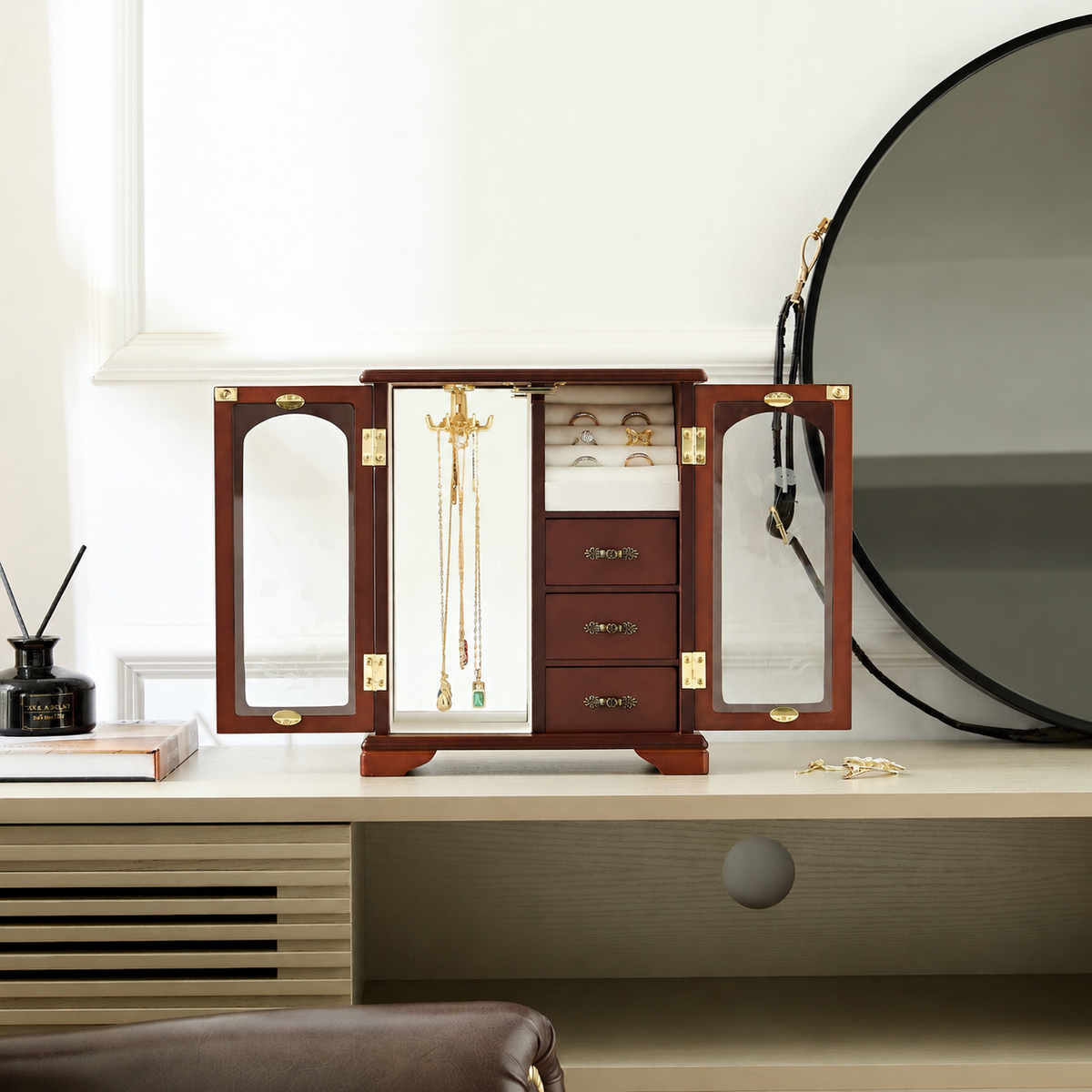 Vintage Jewelry Box with Mirror, Wooden Jewelry Organizer and Storage Case for Women，Brown