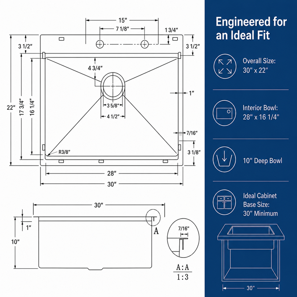 30x22 Inch 304 Stainless Steel Drop-In Single Bowl Kitchen Sink - Silver | 10" Deep Bowl, X-Shaped Drainage, Soundproof Coating, Accessories Included, R10 Rounded Corner