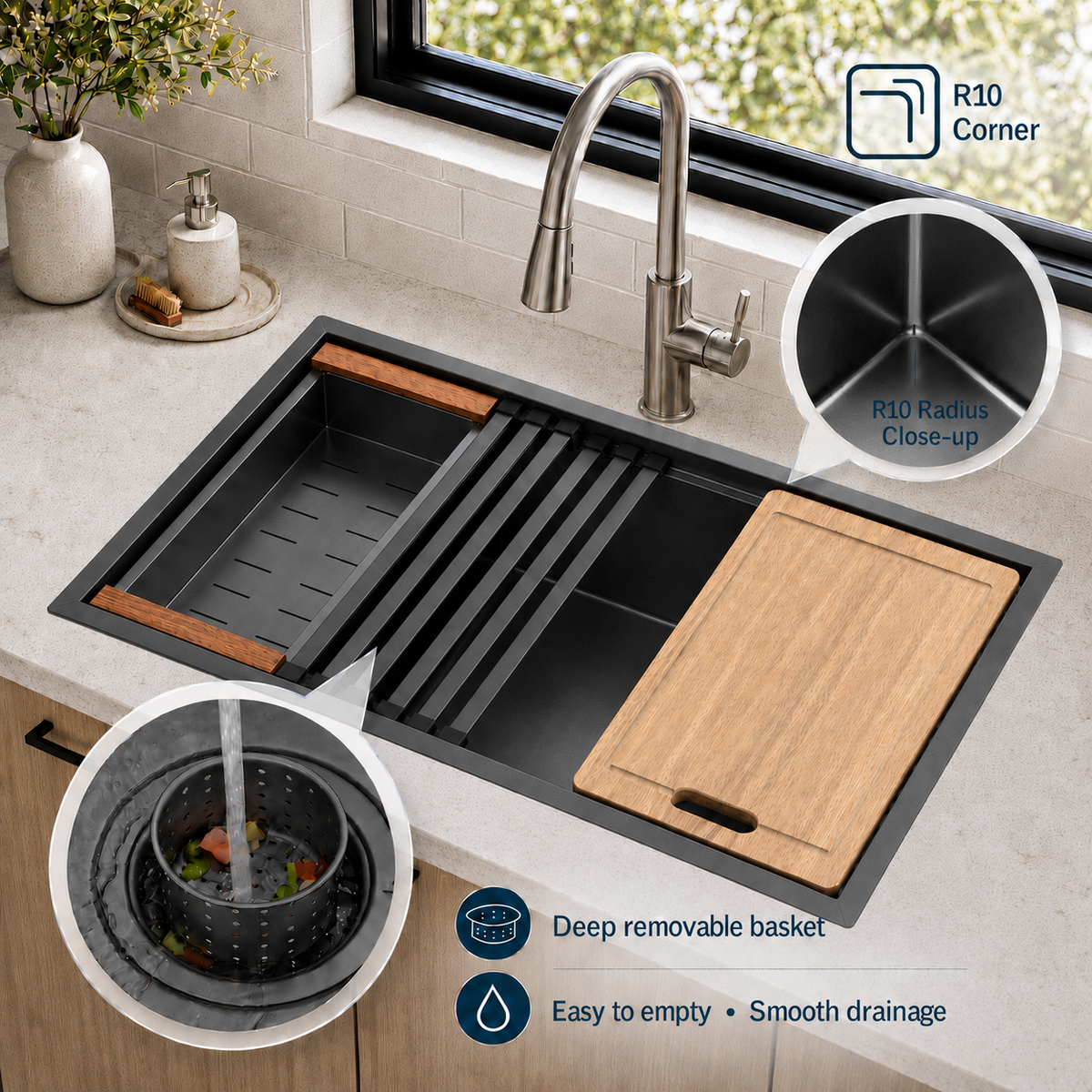 32" x 19" Stainless Steel Single Bowl Kitchen Sink w/Accessories | 10" Deep Bowl, 5-Piece Accessories, Drop in, Undermount Sink, Workstation Sink