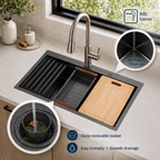 30x22 in Stainless Steel Drop-in Kitchen Sink w/Accessories, Grey | Workstation Sink, R10 Round, Cutting Board, Single Bowl, 10'' Deep Kitchen Sink